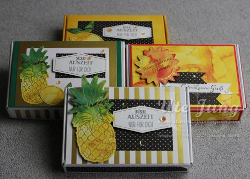 Mini Paper Pumpkin Boxen dekoriert mit den Materialien aus dem Paper Pumpkin "Sonne pur"